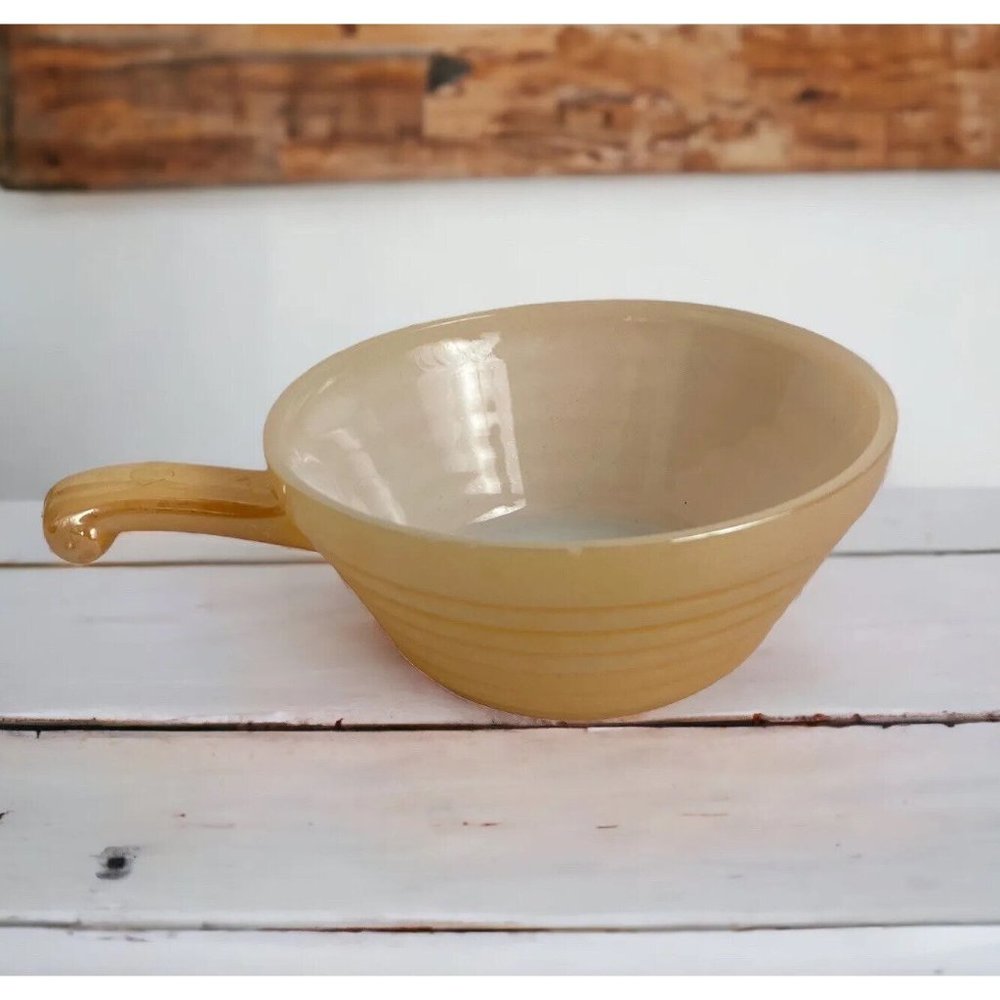Fire King Iridescent Peach Luster Beehive Oven Ware Bowl with Handle Vintage USA
